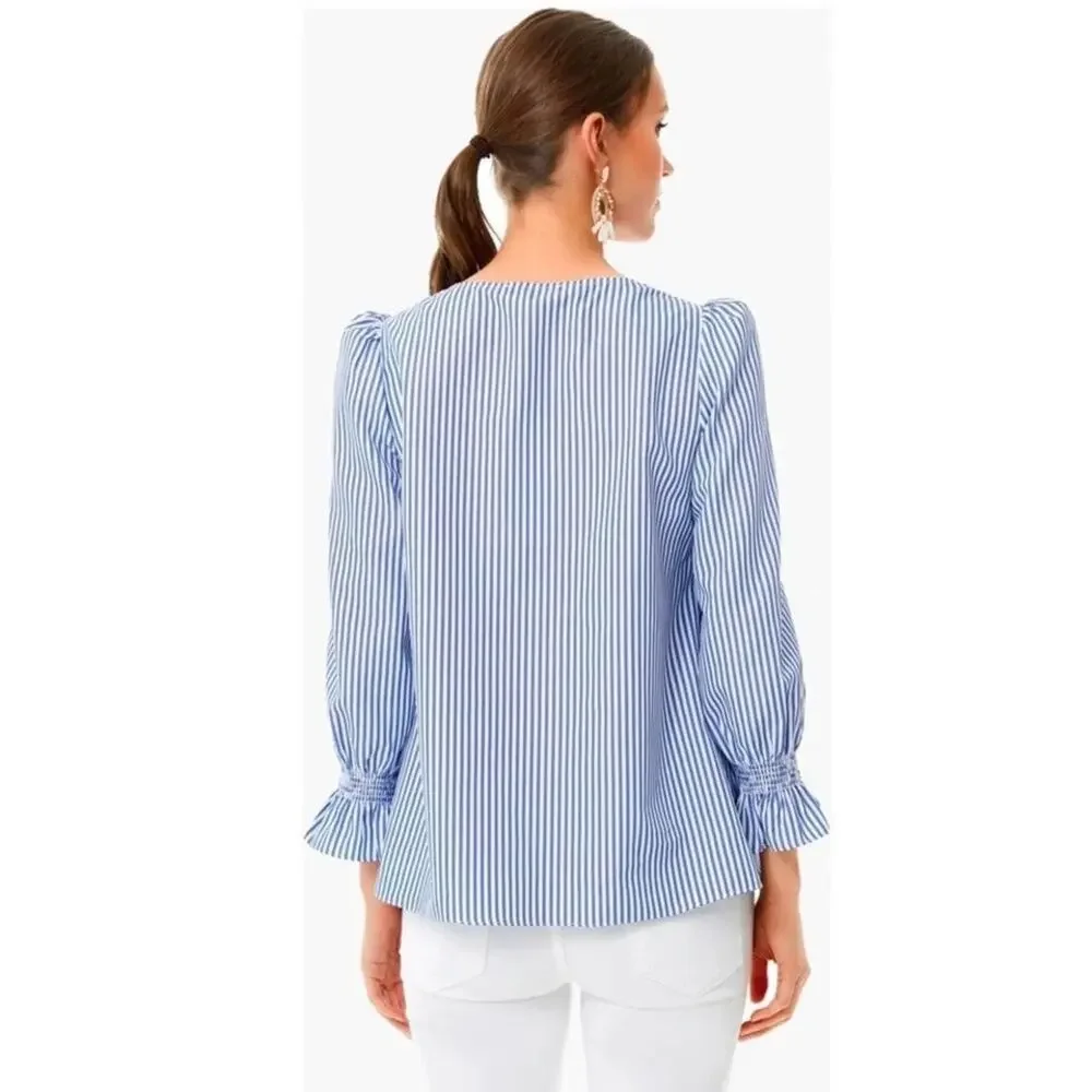 Tuckernuck Easton Stripe Long Sleeve V-Neck Blouse Blue White Women's Size M